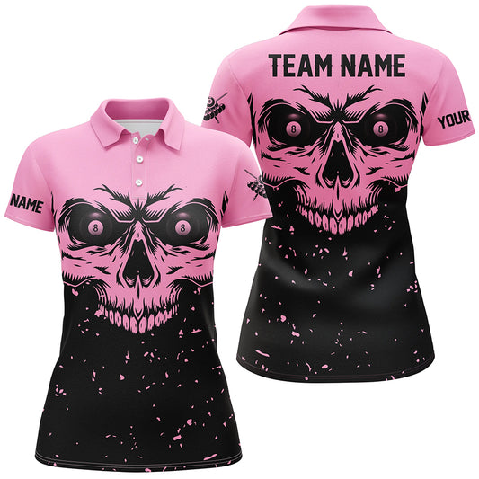 Custom Grunge Pink Black Skull Billiard Women Jerseys Shirts, 8 Ball Billiards Apparel Clothing  TDM1876