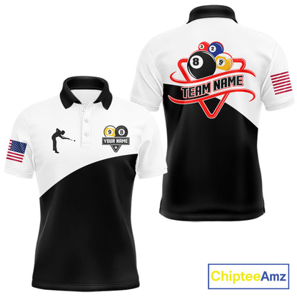 Personalized 8 ball and 9 ball billiard tournament polo shirt for men, custom pool team jersey for competitions.