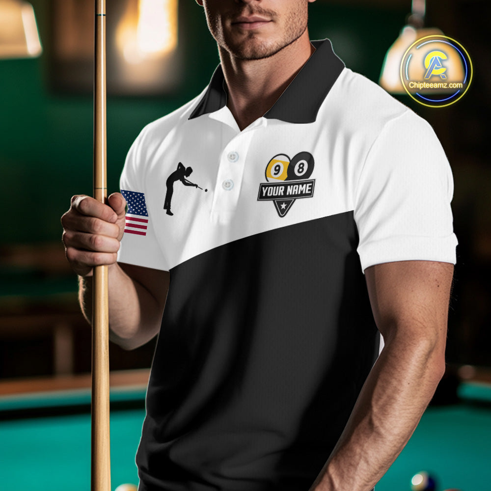 Man wearing a personalized 8 ball and 9 ball custom billiard jersey front view, pool tournament team shirt.
