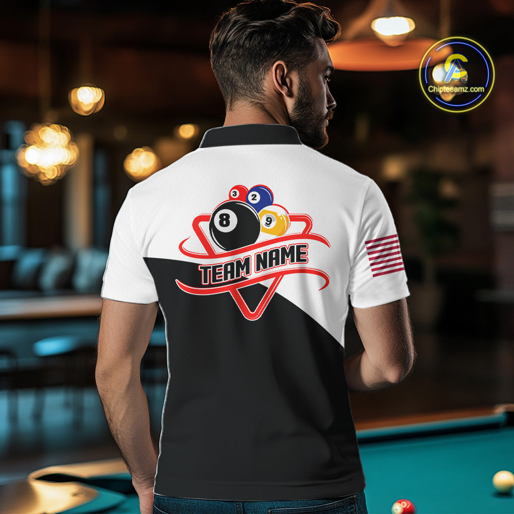 Back view of man wearing an 8 ball and 9 ball billiard team jersey, custom pool tournament apparel.