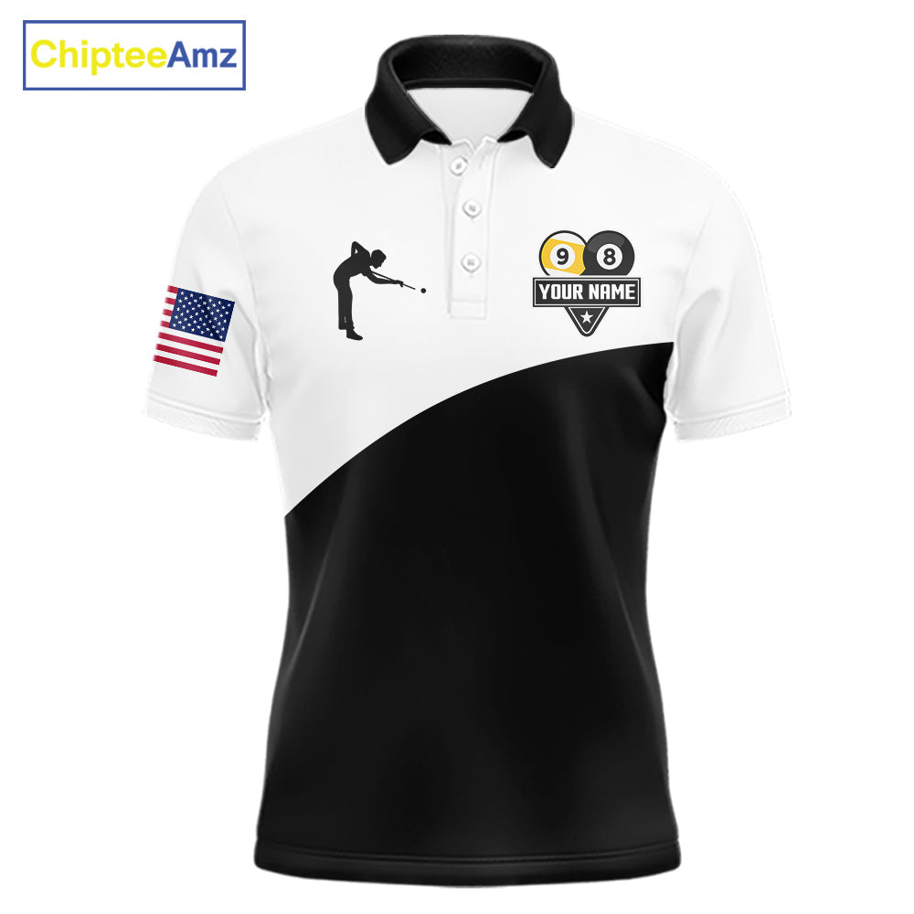 Personalized 8 ball and 9 ball billiard tournament polo shirt for men, custom pool team jersey for competitions.