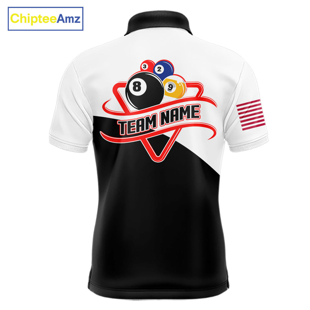 8 ball and 9 ball pool team polo shirt with personalized billiard tournament graphics and custom team branding.