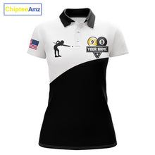 Load image into Gallery viewer, Personalized 8 ball and 9 ball billiard tournament polo shirt for women, custom pool team jersey for competitions.