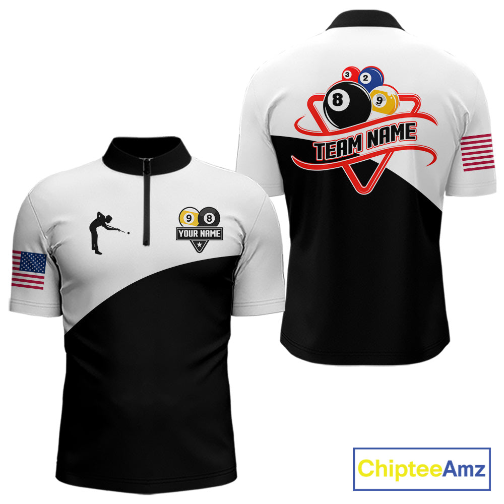 8 ball and 9 ball quarter zip billiard shirt for men, custom pool team jersey and tournament apparel.