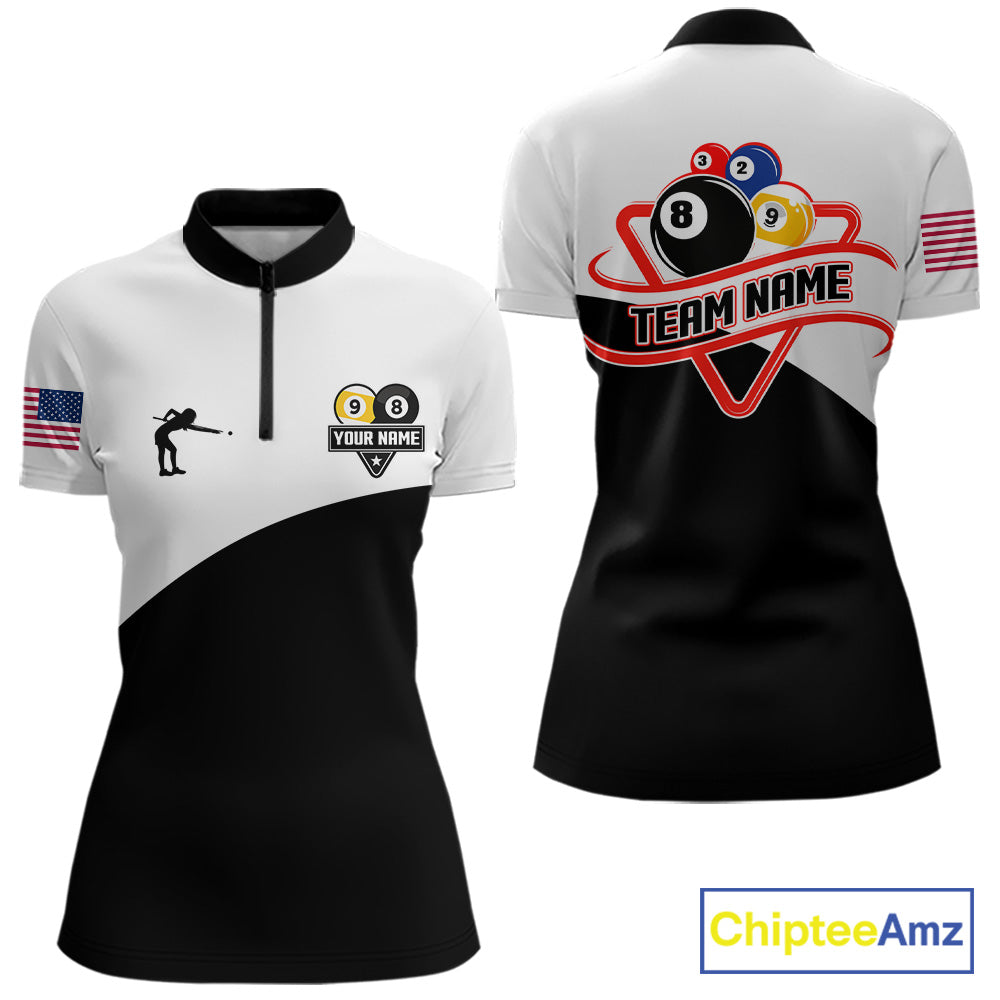 8 ball and 9 ball quarter zip billiard shirt for women, custom pool team jersey and tournament apparel.
