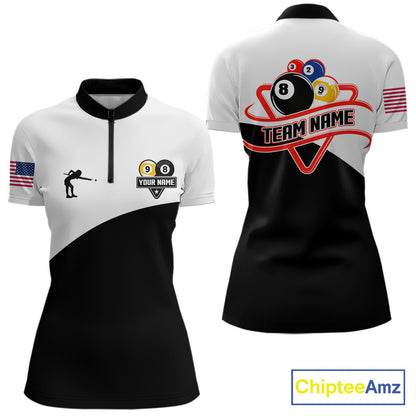 8 ball and 9 ball quarter zip billiard shirt for women, custom pool team jersey and tournament apparel.