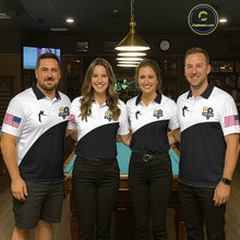 Load image into Gallery viewer, Pool team wearing matching personalized 8 ball and 9 ball billiard jerseys during tournament competition front view.