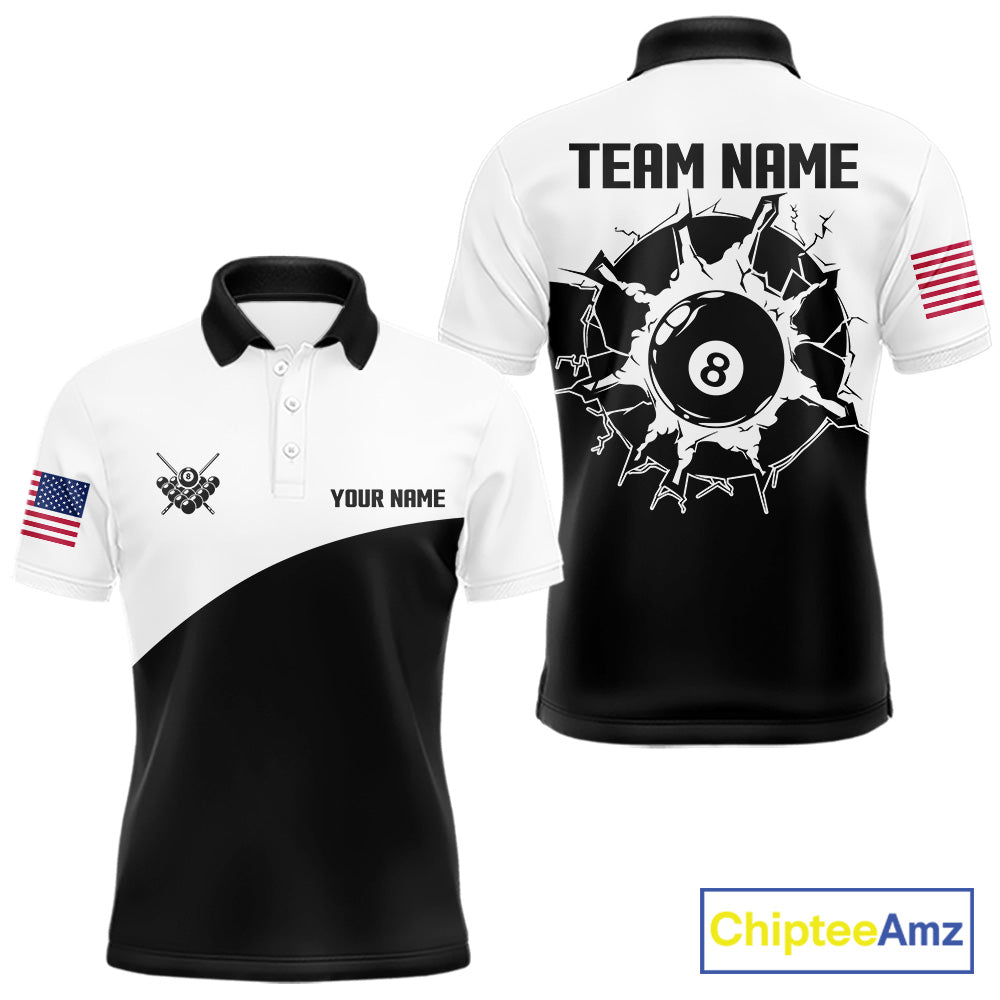 Black and white 8 ball custom billiard polo shirt for men, personalized pool team jersey for tournaments.