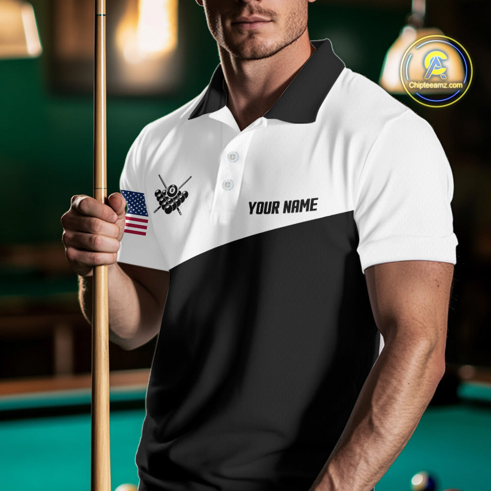Man wearing a black and white 8 ball custom billiard jersey front view, personalized pool team shirt.