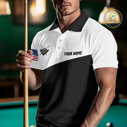 Man wearing a black and white 8 ball custom billiard jersey front view, personalized pool team shirt.