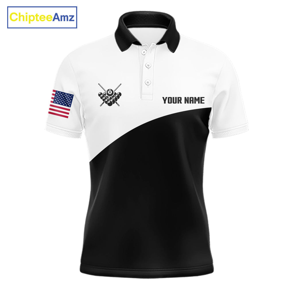Black and white 8 ball custom billiard polo shirt for men, personalized pool team jersey for tournaments.