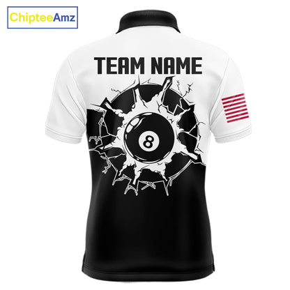 Black and white 8 ball pool team polo shirt with custom billiard graphics, personalized billiard team jersey.