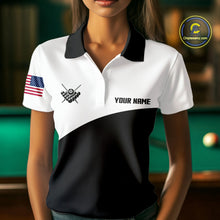 Load image into Gallery viewer, Woman wearing a black and white 8 ball custom billiard jersey front view, personalized pool team shirt.
