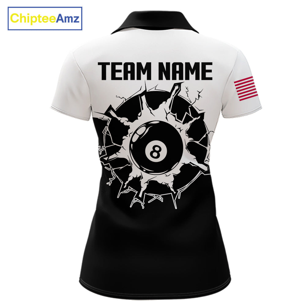 Black and white 8 ball pool team polo shirt with custom billiard graphics, personalized billiard team jersey.