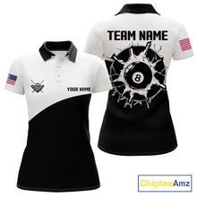 Load image into Gallery viewer, Black and white 8 ball custom billiard polo shirt for women, personalized pool team jersey for tournaments.