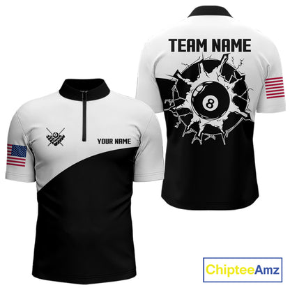 Black and white 8 ball quarter zip billiard shirt for men, custom pool team jersey and tournament apparel.