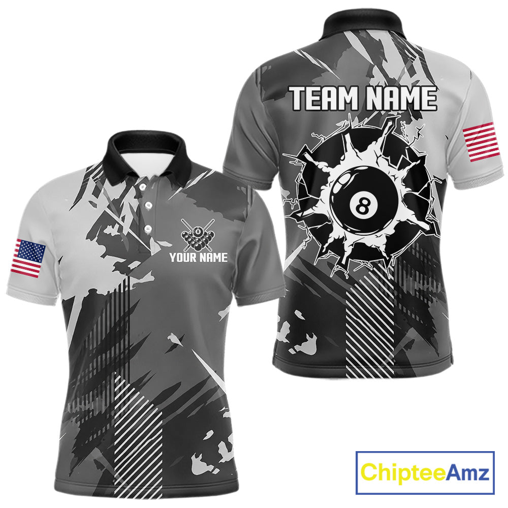 Grey grunge 8 ball custom billiard polo shirt for men, personalized pool team jersey for tournaments.