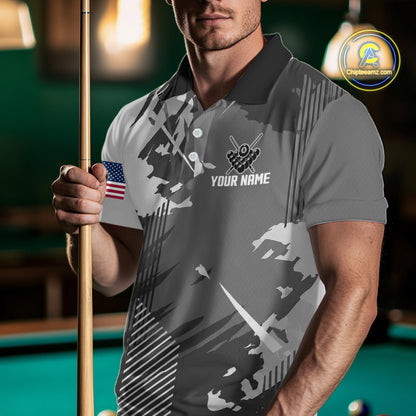 Man wearing a grey grunge 8 ball custom billiard jersey front view, personalized pool team shirt.