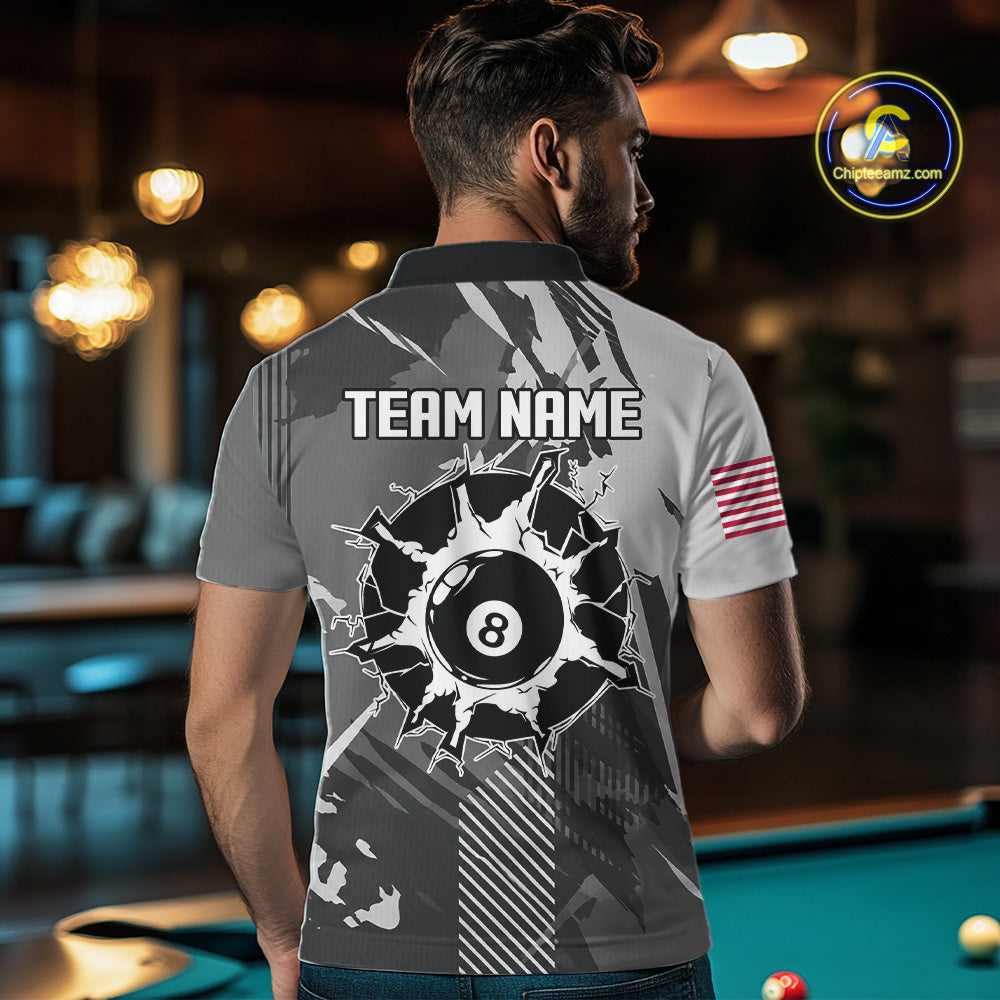 Back view of man wearing a grey grunge 8 ball billiard team jersey, custom pool tournament shirt.
