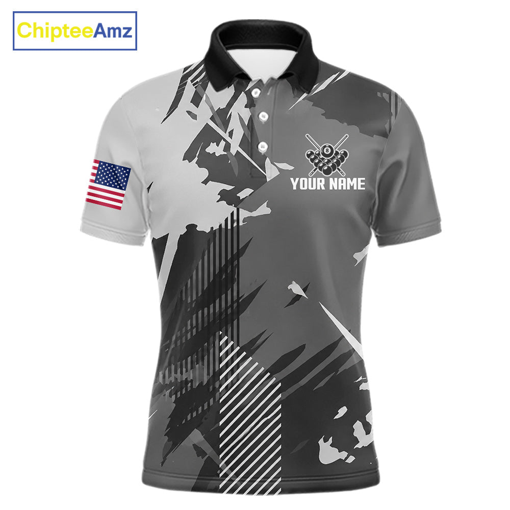 Grey grunge 8 ball custom billiard polo shirt for men, personalized pool team jersey for tournaments.