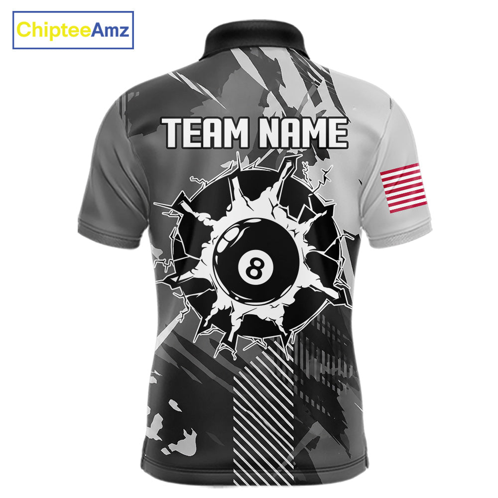 Grey grunge 8 ball pool team polo shirt with custom billiard graphics, personalized billiard team jersey.