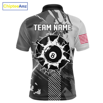 Grey grunge 8 ball pool team polo shirt with custom billiard graphics, personalized billiard team jersey.