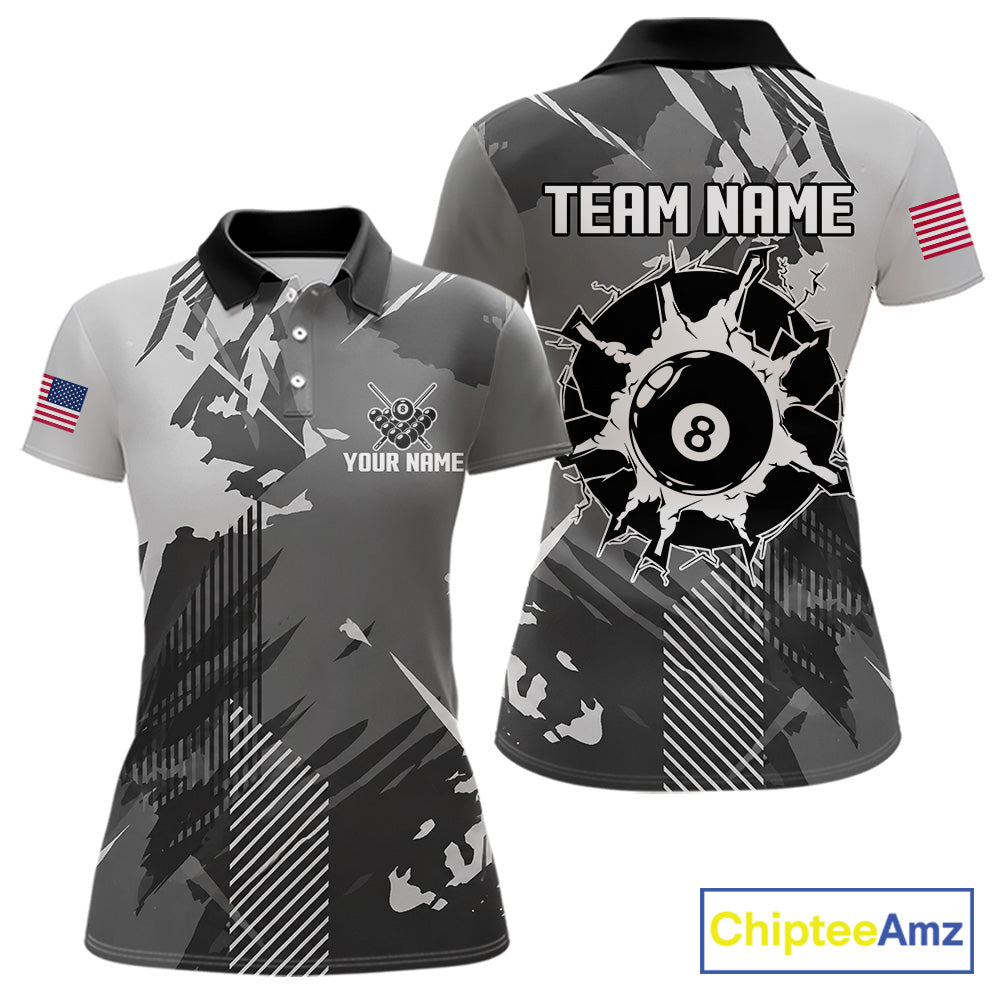 Grey grunge 8 ball custom billiard polo shirt for women, personalized pool team jersey for tournaments.