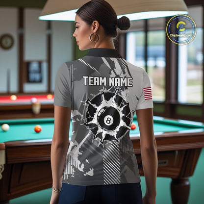 Back view of woman wearing a grey grunge 8 ball billiard team jersey, custom pool tournament shirt.