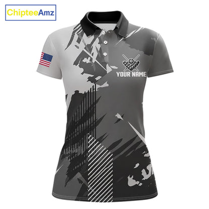 Grey grunge 8 ball custom billiard polo shirt for women, personalized pool team jersey for tournaments.