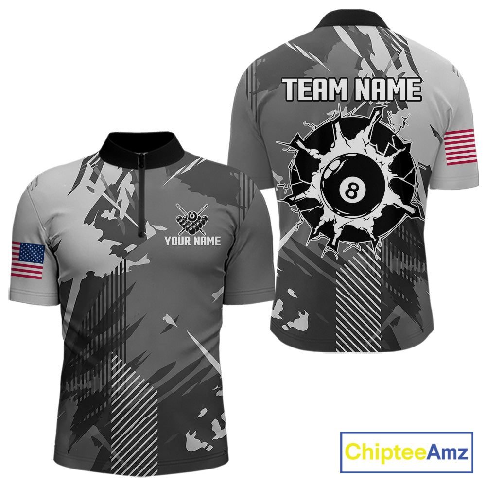 Grey grunge 8 ball quarter zip billiard shirt for men, custom pool team jersey and tournament apparel.