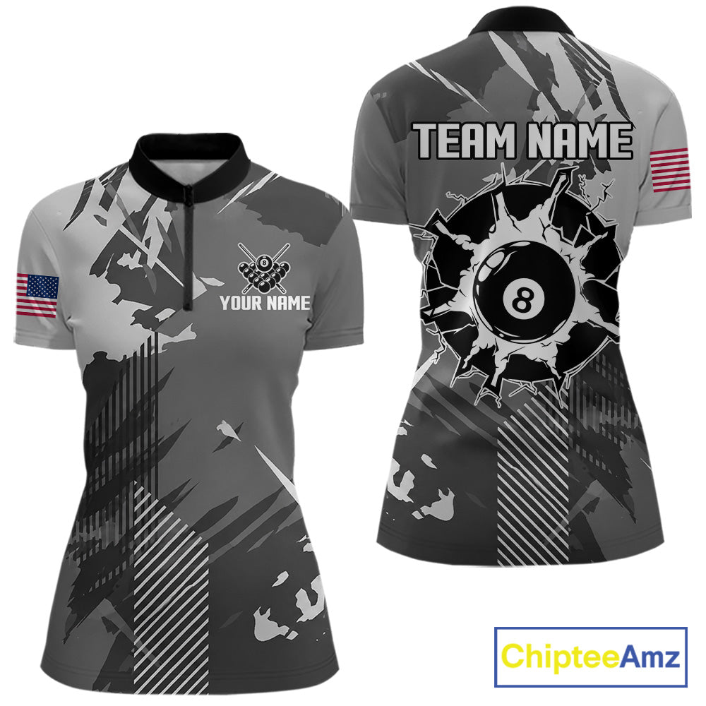 Grey grunge 8 ball quarter zip billiard shirt for women, custom pool team jersey and tournament apparel.