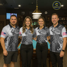 Load image into Gallery viewer, Pool team wearing matching grey grunge 8 ball custom billiard jerseys during tournament competition front view.
