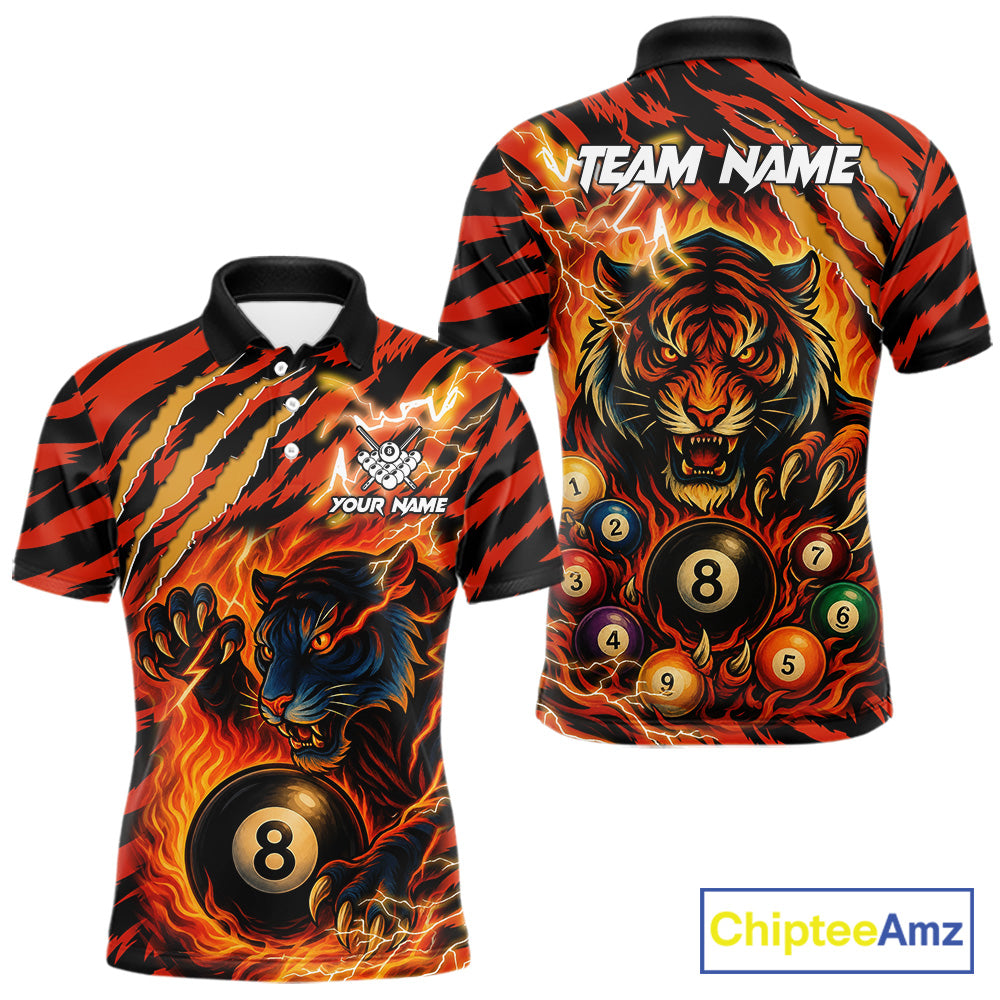 Orange flaming tiger 8 ball custom billiard polo shirt for men, personalized pool team jersey for tournaments.