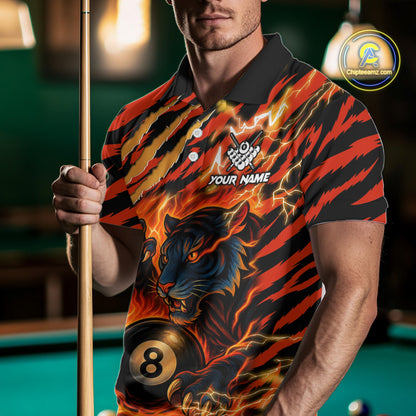 Man wearing an orange flaming tiger 8 ball custom billiard jersey front view, personalized pool team shirt.