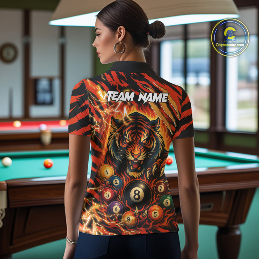 Back view of woman wearing an orange flaming tiger 8 ball billiard team jersey, custom pool tournament shirt.