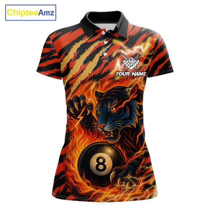 Orange flaming tiger 8 ball pool team polo shirt with custom billiard graphics, personalized billiard team jersey.