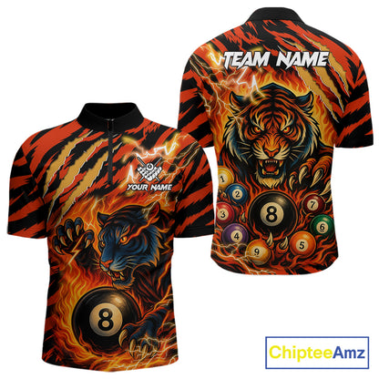 Orange flaming tiger 8 ball quarter zip billiard shirt for men, custom pool team jersey and tournament apparel.