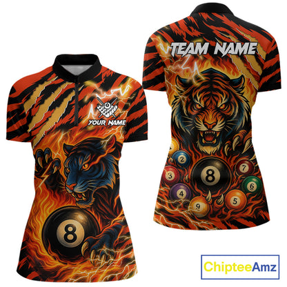 Orange flaming tiger 8 ball quarter zip billiard shirt for women, custom pool team jersey and tournament apparel.