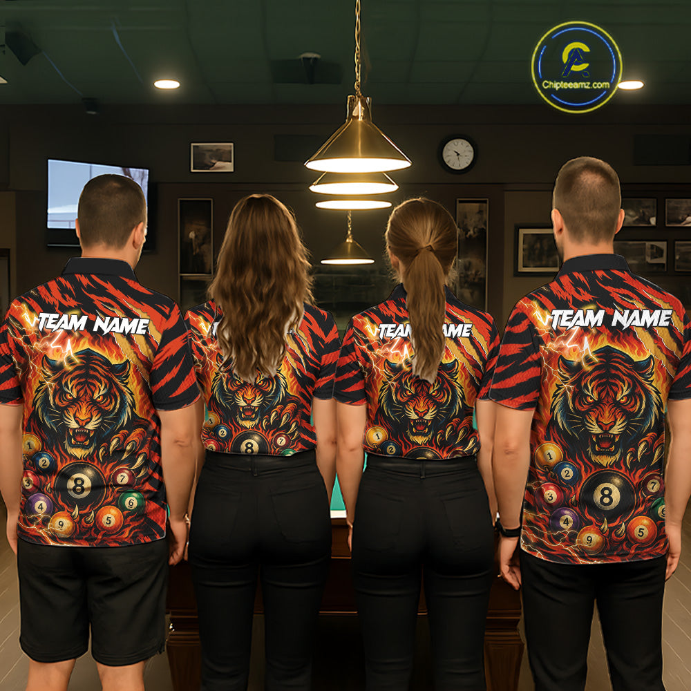Back view of pool players wearing matching orange flaming tiger 8 ball billiard team shirts and custom pool jerseys.