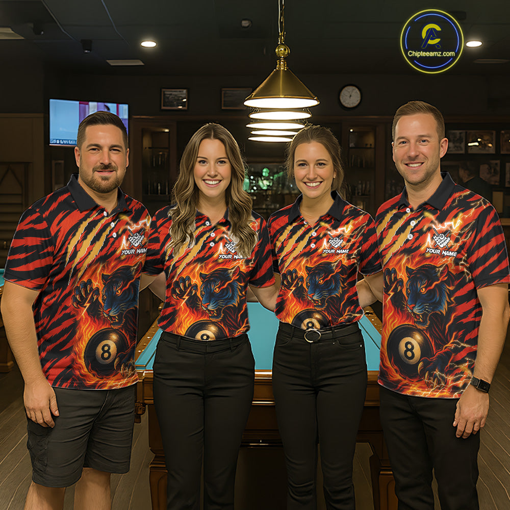 Pool team wearing matching orange flaming tiger 8 ball custom billiard jerseys during tournament competition front view.