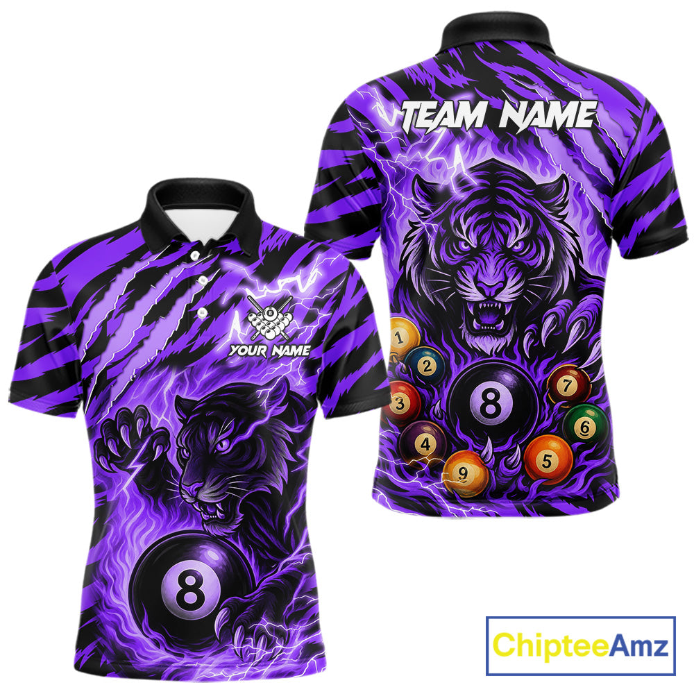 Purple flaming tiger 8 ball custom billiard polo shirt for men, personalized pool team jersey for tournaments.