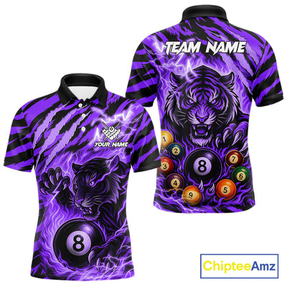 Purple flaming tiger 8 ball custom billiard polo shirt for men, personalized pool team jersey for tournaments.