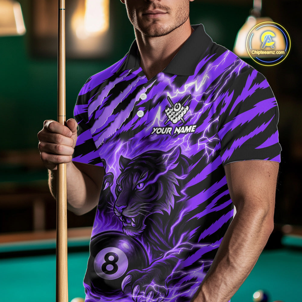 Man wearing a purple flaming tiger 8 ball custom billiard jersey front view, personalized pool team shirt.