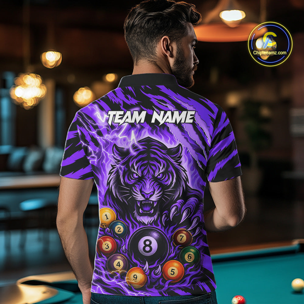 Back view of man wearing a purple flaming tiger 8 ball billiard team jersey, custom pool tournament shirt.