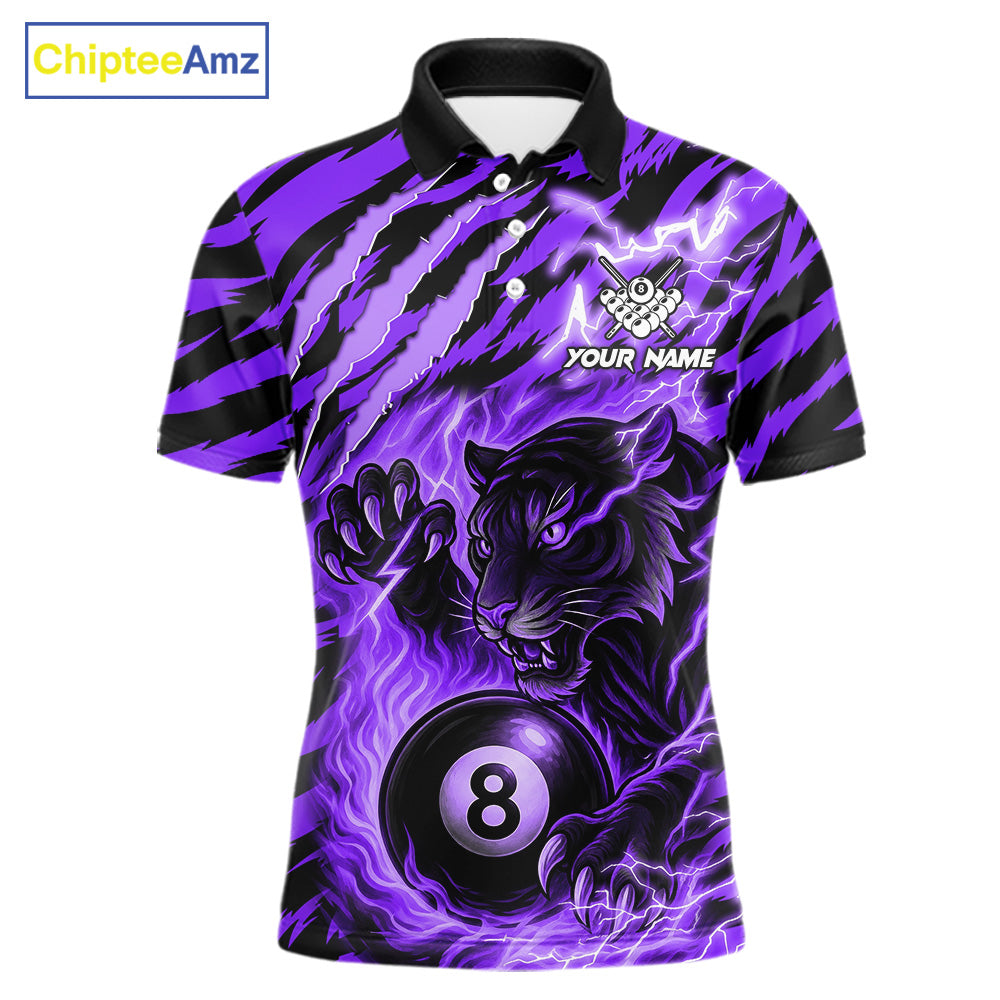 Purple flaming tiger 8 ball pool team polo shirt with custom billiard graphics, personalized billiard team jersey.