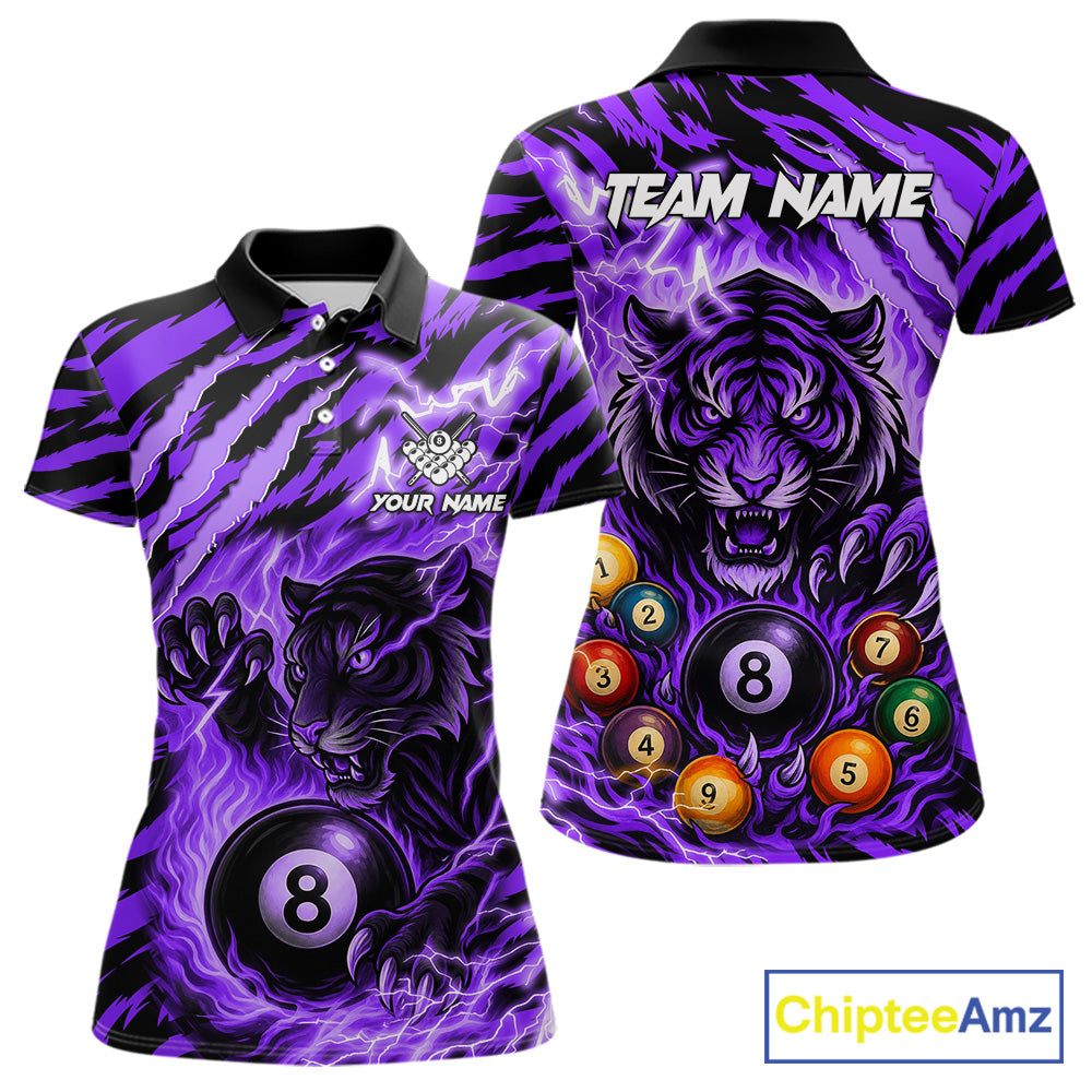Purple flaming tiger 8 ball custom billiard polo shirt for women, personalized pool team jersey for tournaments.