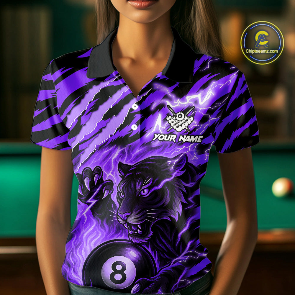Woman wearing a purple flaming tiger 8 ball custom billiard jersey front view, personalized pool team shirt.