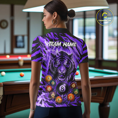 Back view of woman wearing a purple flaming tiger 8 ball billiard team jersey, custom pool tournament shirt.