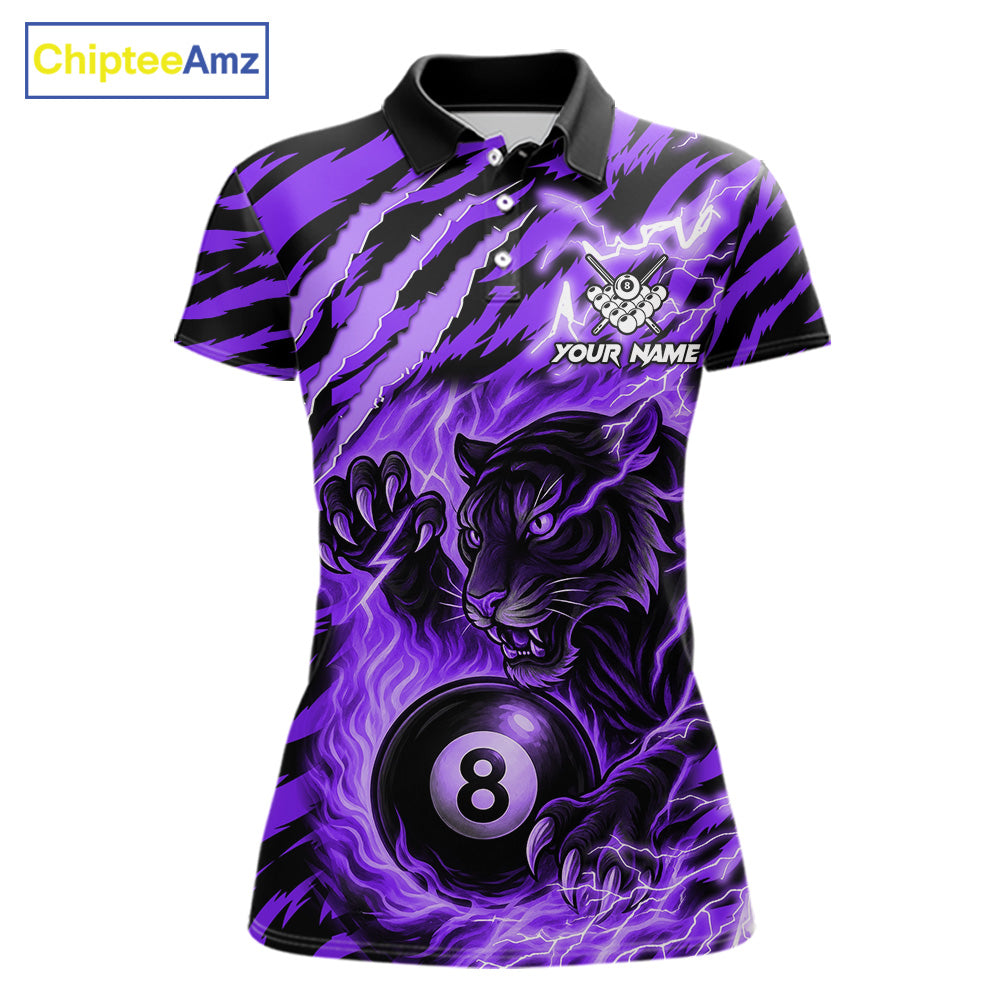 Purple flaming tiger 8 ball pool team polo shirt with custom billiard graphics, personalized billiard team jersey.