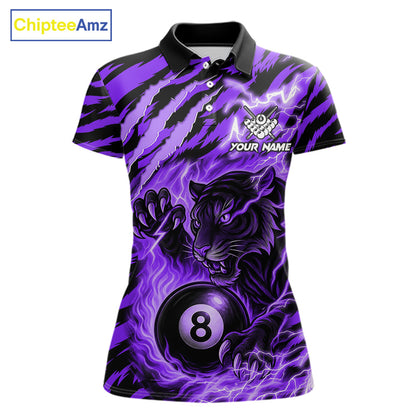 Purple flaming tiger 8 ball pool team polo shirt with custom billiard graphics, personalized billiard team jersey.